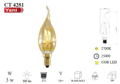 Cata-3w Rustik LED Kıvrık Ampul-Amber-CT-4281 - 1