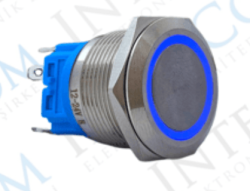 3faz 22 mm Mavi Halka LED Metal Yaylı Buton 1NO 1NC - 3faz
